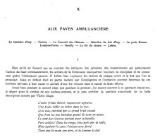 Scan de la première page d'un chapitre du second volume d'"Une famille de républicains fouriéristes, les Milliet". Consacré à Alix Payen, il s'intitule "Alix Payen ambulancière". Il a pour sous-titres : "Le cimetière d'Issy. - Vanves. - Le Couvent des Oiseaux. - Abandon du fort d'Issy. - La porte Bineau. - Levallois-Perret. - Neuilly. - La fin du drame. - Lettres."