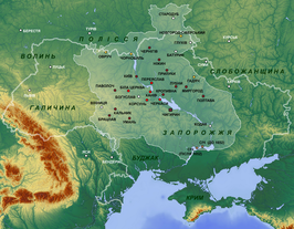 Kaart van de Kozakken-Hetmanaat uit 1654 t.o.v. huidige Oekraïne.