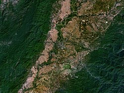 NASA picture of Phrae town among the Phi Pan Nam Mountains