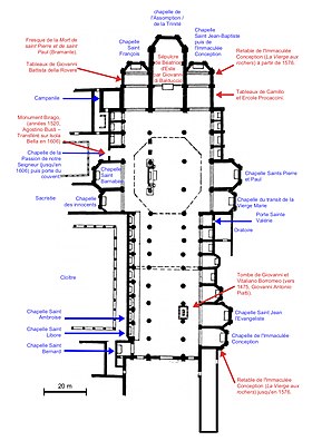 Dessin architectural de l'église comportant les noms de ses différentes parties.