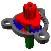 Animation of a printable gear set. Legend: driving shaft and sun gear (green), ring gear (dark gray), planet gears (blue), driven shaft and carrier (red). Planetary Gear Animation.gif
