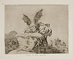 Sitting on a rock, a monstrous winged devil writes a book, perhaps a book of fate, or a book of evil.