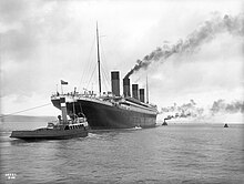 Titanic departing Belfast for sea trials on 2 April 1912 RMS Titanic 2.jpg