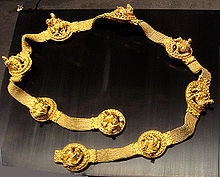 A "Bactrian gold" Scythian belt depicting Dionysus, from Tillya Tepe in the ancient region of Bactria ScythianBelt.jpg