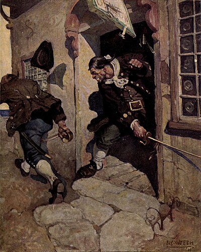 Man running from the door of a pub with his hat falling behind him; chased out by another man in the doorway wielding a sword.