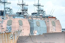 From left to right: Thomas S. Gates, Ticonderoga, and Yorktown laid up in Philadelphia, May 2016 USS Yorktown (CG-48), USS Ticonderoga (CG-47) and USS Thomas S. Gates (CG-51) laid up at the Philadelphia Naval Inactive Ship Maintenance Facility, Pennsylvania (USA), on 4 May 2016.jpg