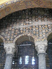 Mosaics with geometric pattern decorate the upper imperial gallery