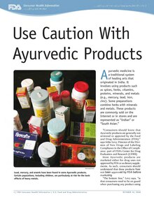 Health campaign flyers, as in this example from the Food and Drug Administration, warn the public about unsafe products. Use Caution With Ayurvedic Products (FDA October 16, 2008).djvu