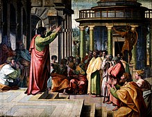 Saint Paul Preaching in Athens (Acts 17:16–34): the figure standing at the left in a red cap is a portrait of Leo; next to him is Janus Lascaris, a Greek scholar in Rome. The kneeling couple at the right were probably added by Giulio Romano, then an assistant to Raphael.