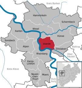 Poloha mesta Voerde v rámci okresu Wesel a spolkovej krajiny Severné Porýnie-Vestfálsko