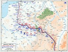 Carte de l'est de la France avec des annotations bleues et rouge pour indiquer les positions françaises et allemandes et le front.