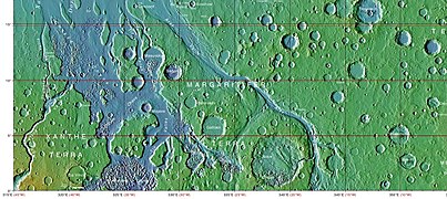 Mapa topográfico da rexión Oxia Palus de Marte, que amosa moitas rexións Chaos e vales, incluído o Ares Vallis.