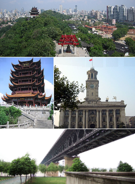 Зверху ўніз: набярэжная Янцзы; Вежа жоўтага жураўля; Уханьская мытня; мост праз Янцзы