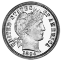 3.3 muntstuk ter waarde van 0,10 dollar (afb.: 1894-S Barber Dime)