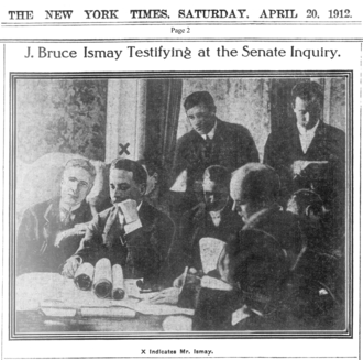 Senate Inquiry: within five days of the sinking, The New York Times published several columns relating to Ismay's conduct--concerning which "there has been so much comment". Columns included the statement of attorney Karl H. Behr indicating Ismay had helped supervise loading of passengers in lifeboats, and of William E. Carter stating that he and Ismay boarded a lifeboat only after there were no more women. 19120420 J. Bruce Ismay Testifying at the Senate Inquiry - The New York Times.png