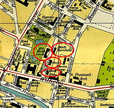 The sports hall (Turnhalle) and surrounding schools on a 1914 map of Bromberg