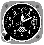 Diagram showing the face of the "three-pointer" sensitive aircraft altimeter displaying an altitude of 10,180 feet.