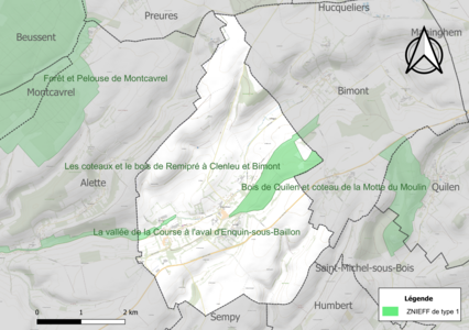 Carte des ZNIEFF de type 1 sur la commune.