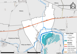 Carte en couleur présentant le réseau hydrographique de la commune