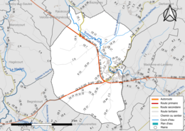 Carte en couleur présentant le réseau hydrographique de la commune