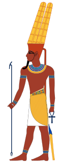 Full-length profile of man in ancient Egyptian clothing. He has red-brown skin and wears a helmet with tall yellow plumes.