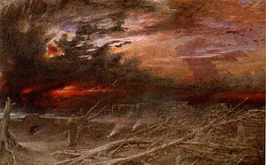 The apocalypse is also depicted in visual art, for example in Albert Goodwin's painting Apocalypse (1903). Apocalypse-Albert Goodwin.jpg