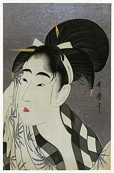 Ase o fuku onna (Femme essuyant la sueur de son visage), estampe sur bois de style ukiyo-e réalisée en 1798 par Utamaro, peintre et graveur japonais particulièrement connu pour ses représentations de bijin-ga. (définition réelle 6 079 × 9 236)
