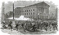 1849年のアスター・プレイス暴動の様子。背景にはアスター・オペラ・ハウス (en) が描かれている。