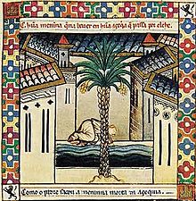 Miniature of the Cantiga #133 accounting for an alleged miracle that took place in Elche (13th century), entailing, together with Cantiga, #126 the first graphic representation of a palm tree in Elche Cantiga Elche.JPG