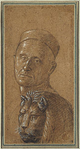 Tête d'homme et tête de lion, entre 1495-1516, 23,2 × 12,1 cm, pinceau et lavis brun et pierre noire, avec rehauts de gouache blanche sur papier vergé brun de lumière, Musée d'art de l'université de Princeton.