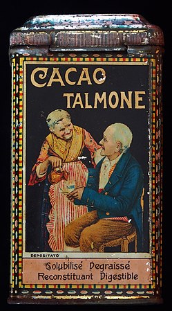 Boîte historique du cacao Talmone, ici en français : « Solubilisé. Dégraissé. Reconstituant. Digestible ».