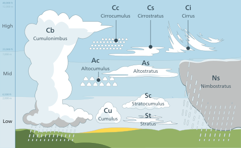 Genus classification by altitude of occurrence. Towering vertical cumulus not shown. Far right: Actual nimbostratus is the dark grey layer extending downward to near surface from a lighter-shaded partially stratified layer of altocumulus.