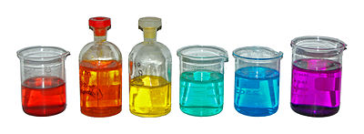 From left to right, aqueous solutions of: Co(NO3)2 (red); K2Cr2O7 (orange); K2CrO4 (yellow); NiCl2 (green); CuSO4 (blue); KMnO4 (purple). Coloured-transition-metal-solutions.jpg