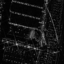 SAR satellite picture of the partially collapsed roof Crocus City Hall attack, Moscow, Russia (2024-03-23-06-26-46 UMBRA-06, north oriented, cropped).jpg