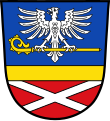 Gemeinde Mönchsroth Durch einen gesenkten goldenen Balken geteilt von Blau und Rot, oben ein silberner Adler mit einem liegenden goldenen Abtstab in den Fängen, unten ein silbernes durchgehendes Andreaskreuz.