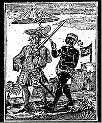 Генри Эвери, сопровождаемый рабом. Гравюра XVIII века