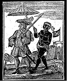 הנרי אברי מלווה בעבד שחור, תחריט מ-1724 מספרו של ג'ונסון