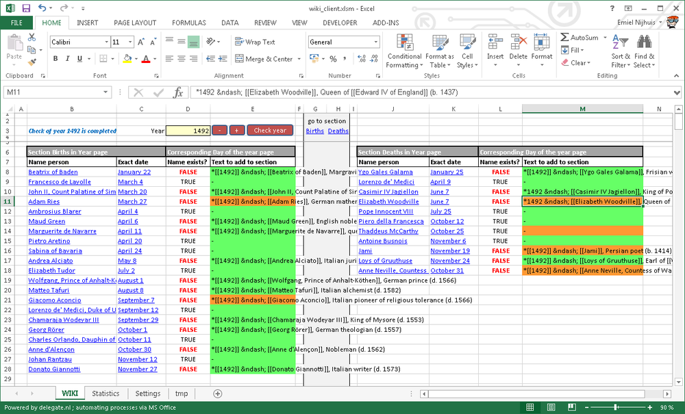 Excel-app displaying processed year 1492