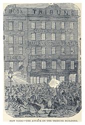 The Tribune building during the New York City draft riots. HEADLEY(1882) -p170 New York - the attack on the Tribune building.jpg