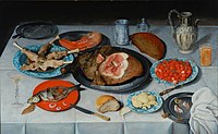 Hulsdonck, Jacob van - Breakfast piece with a fish, ham and cherries - 1614.JPG