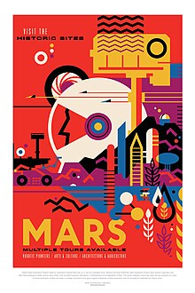 A NASA poster about a fictional Mars tour. Technological advances in space travel is often a theme in utopias. JPL Visions of the Future, Mars.jpg