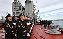 Russian Navy sailors onboard the cruiser Marshal Ustinov in a joint exercise of the Northern and Black Sea fleets Joint exercises of Northern and Black Sea fleets (2020-01-09) 02.jpg