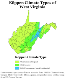 Koppen climate types of West Virginia, using 1991-2020 climate normals Koppen Climate Types West Virginia.png