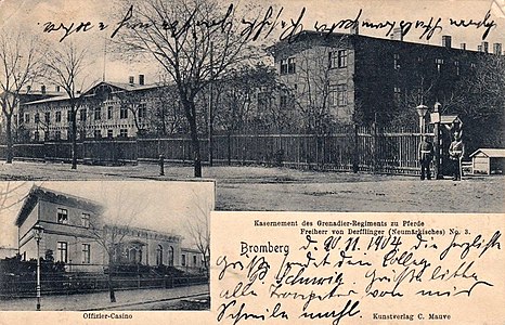 1913 postcard of the 3rd Dragoon's barrack in Bromberg