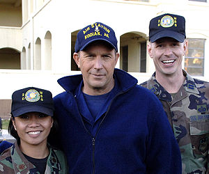 Kevin Costner with a group of U.S. Air Force a...