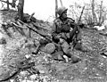 Soldat américain le 25 April 1951 durant la guerre de Corée avec une Carabine M1 et à côté d'une arme soviétique Degtiarev DP 28.