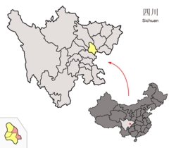 Location of Pengxi County (red) within Suining City (yellow) and Sichuan