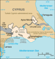 德凱利亞基地區地圖，從圖中可以看出聯合國緩衝區與幾個賽普勒斯擁有的村落型態飛地間之相關位置。