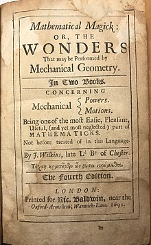 Photograph of the title page of the 1691 edition of John Wilkins' "Mathematical Magick: or, the Wonders That may be Performed by Mechanical Geometry"