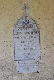 Plaque hommage 14-18 sous le porche de l'église de Guittaut.